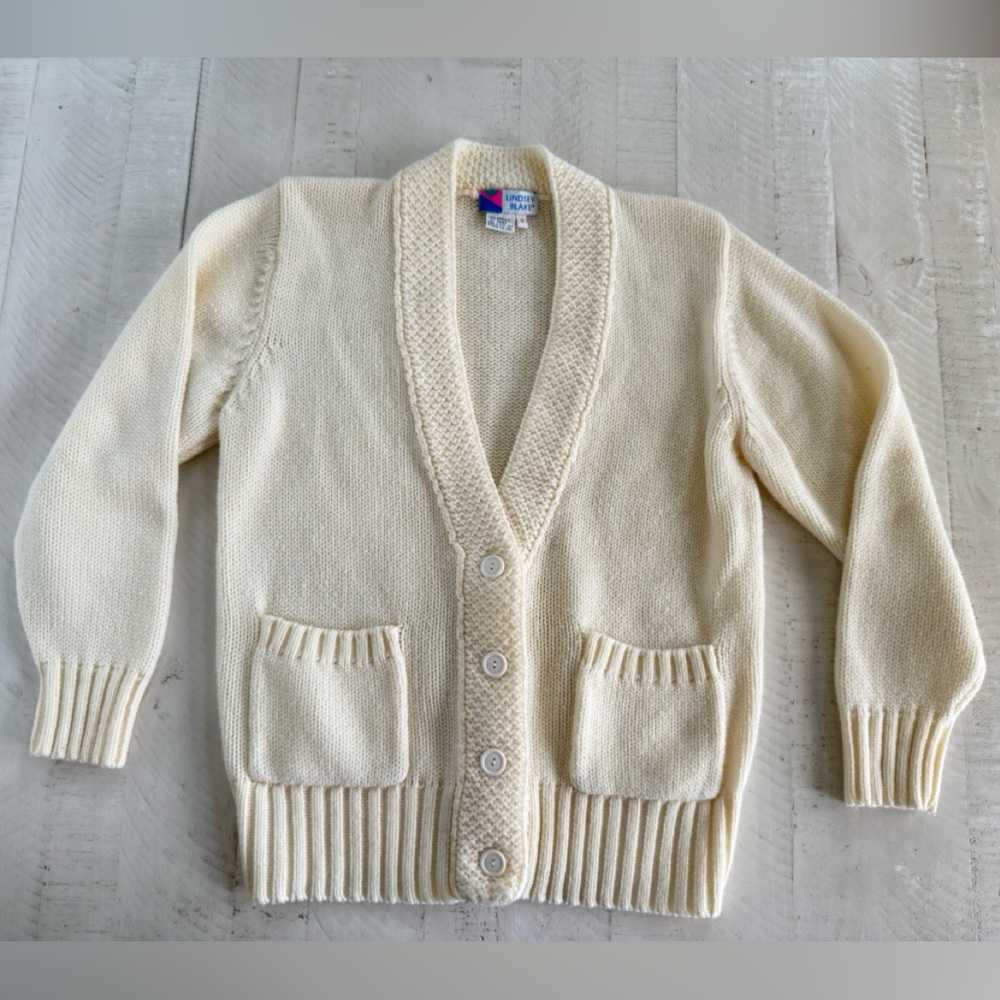 Vintage Woman’s Granny Fisherman Cream Knit Cardigan size Small
